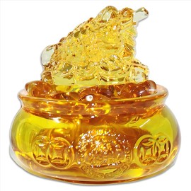 Feng Shui Golden Treasure Basin Lucky Money Toad and About 30 PCS Ingot Yuan Bao, 3in Crystal Glass Treasure Basin, 2in Golden Toad Ideal Adornment for Attracting Wealth, Office Home Decor