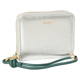 Beaure B-24096 Women's Genuine Leather Short Wallet, Round Zipper, Mini Wallet, Bifold with Hand Strap, Silver