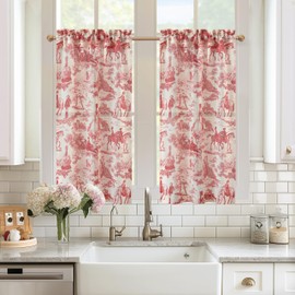 DriftAway - Cortinas cortas de lino para cocina, 45 pulgadas de largo, para sala de estar, baño, granja, campo francés, campo clásico, con estampado clásico, 2 paneles de color rojo
