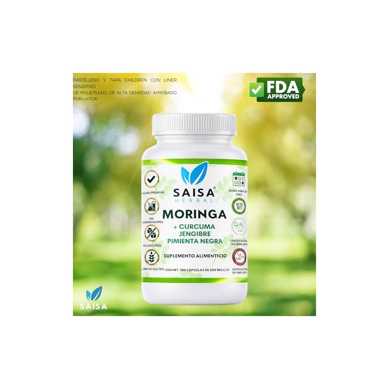 Moringa con Cúrcuma y Pimienta Negra Suplemento Alimenticio 100 Cápsulas