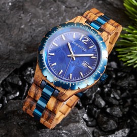 BOBO BIRD Men’s Wooden Watch 1.69in (43mm) Case, Japanese Quartz Movement, Rose Red, Blue & Black Dial Options – Natural Zebra & Ebony Wood Band, Date Display (Blue)