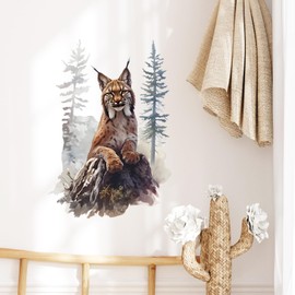 RoyoLam Lifelike Bobcat on Stump Wall Decal Nursery Animal Lynx Wall Sticker Removable Peel and Stick Wall Art Decor for Kid Baby Classroom Preschool Living Room Playroom Bedroom School