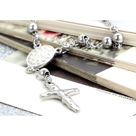 Flongo Men's Womens Vintage Stainless Steel Silver Jesus Crucifix Cross Bead Prayer Link Wrist Bracelet, 8.6 inch