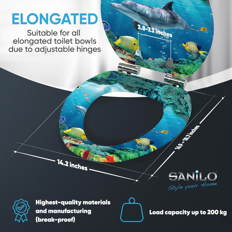 SANILO Wooden Toilet Seat with Soft Close [ELONGATED] - Decorative,