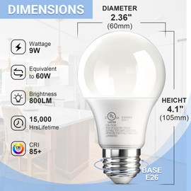 VOLIVO 12 Pack A19 LED Light Bulbs, Daylight 5000K, 9W(60 Watt Equivalent), 800 Lumens, 120V, E26 Standard Base, Non-Dimmable LED Bulb, UL Listed and FCC Certified, Energy