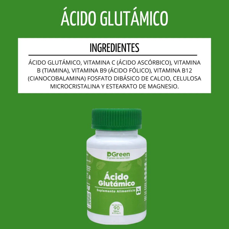 Ácido Glutámico Dgreen 90 Tabletas De 970 Mg Sabor Sin