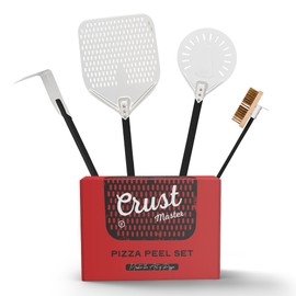 CrustMaster Pizza Peel Set - 12x14" Rectangular Peel, 9" Round Turning Peel, Brass Brush, Ash Rake - Perfect Pizza Oven Accessories for Ovens & BBQ - Pizza Pan - Aluminum & Stainless Steel Tools