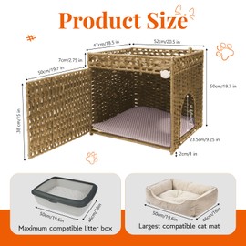 Cat Litter Box Enclosure Furniture Hidden Cabinet - Handwoven Rattan Pet House with 2 Removable Mats - Large Foldable Design for Privacy - Fits Living Room, Bedroom, Balcony Natural