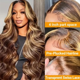 INVITEYOU 13x4 Highlight Lace Frontal Wigs Human Hair 4/27 Honey Blonde 180% Density Body Wave Wig for Women HD Transparent Lace Front Wig with Highlights Colored Glueless Wigs Human Hair 20 Inch