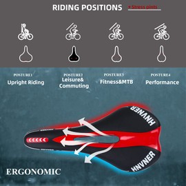 HNVNER Bicycle Saddle, Comfortable City Bike Saddle Hollow Ergonomic Bicycle Seat for Road Bike/MTB/Road Bikes/Most Bicycles (Black Red, 280 mm x 140 mm x 55 mm)