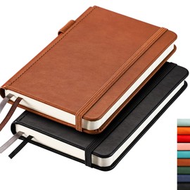 RETTACY Pocket Notebook A6 Mini Notepad 2 Pack Small Hardcover Journal with Content,312 Numbered Pages, 2 Inner Pocket, 100gsm Lined Paper 8.5 x 14 cm - Black Brown