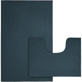 London Dream Monaco Bath Mats Set 2 Piece Cotton Super Absorbent Bathroom Rug & Non Slip Pedestal Mat Set Washable Shower Bath Rug for Bathroom Floor (50x80cm + 50x40cm, Slate Blue)