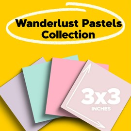 Post-it 100% Recycled Paper Super Sticky Notes, 3 in. x 3 in., 24 Pads, 70 Sheets per Pad, Wanderlust Pastels, School Supplies and Office Products