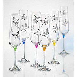 Bohemia Butterfly Crystal Champagne Flutes 200 ml Multi-Coloured with Butterflies Set of 6