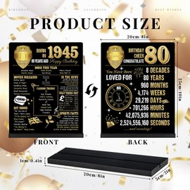 Benjia 80th Birthday Table Sign with Stand Happy 80 Years Old Birthday Signs Holder Table Display Born in 1945 UK Acrylic Poster Bday Gift Party Supply Home Decor For Men Women 20x25 cm Black Gold