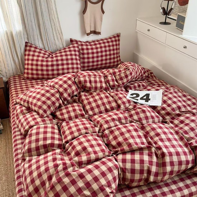 PinkMemory Red Gingham Duvet Cover Set Queen 100% Washed Cotton