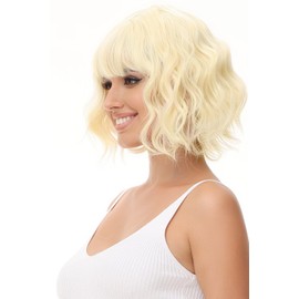 Luxiremi Blonde Wigs Short Shoulder Length Curly Wavy Wig Bob with Fringe Synthetic Cosplay Wig for Women