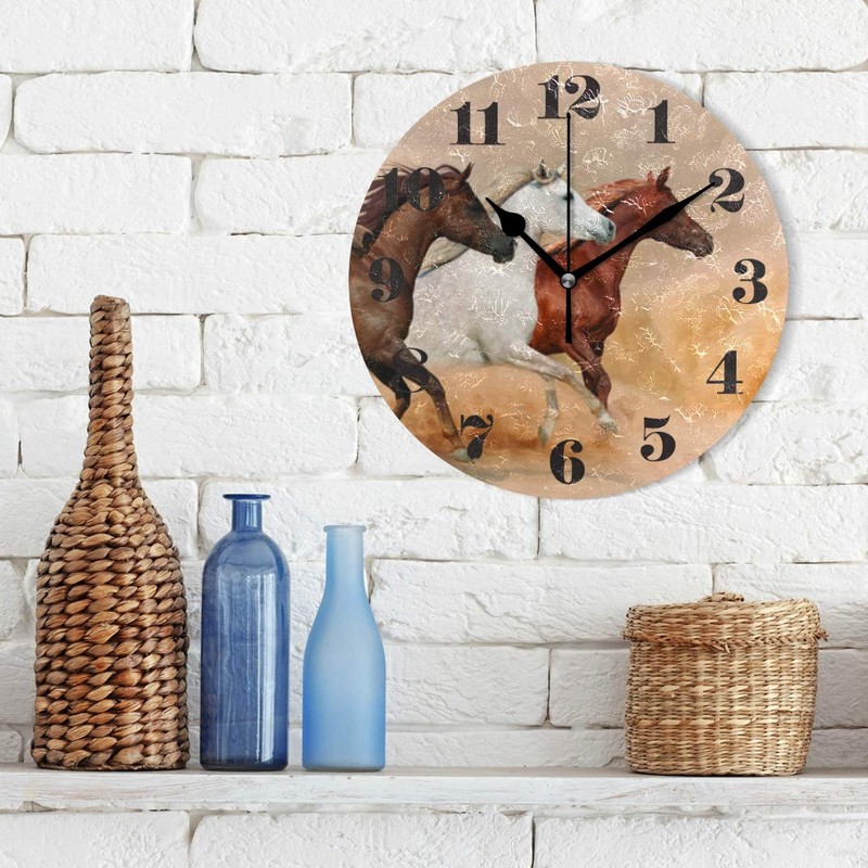 Mnsruu Wall Clock Silent Non Ticking, Round Running Horses Art