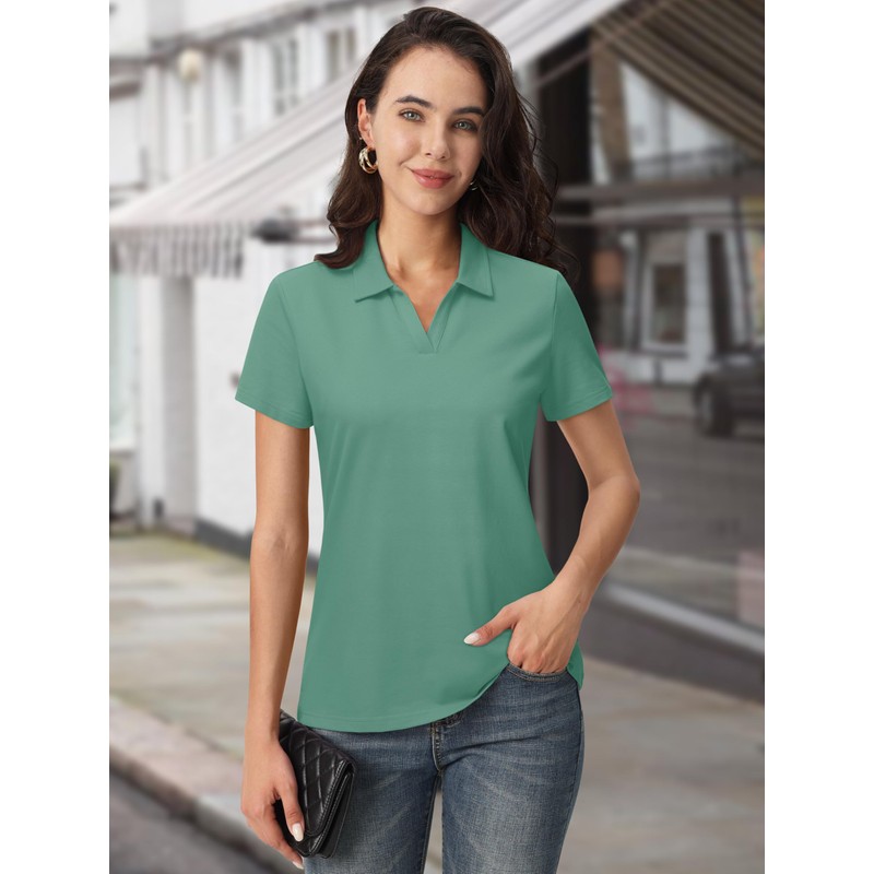 MAGCOMSEN Women Golf Polo Cotton Shirts Short Sleeve V-Neck Tshirt