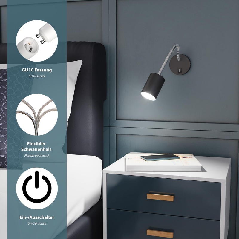 ledscom.de Waika Reading Light with Gooseneck and Switch Matte Black