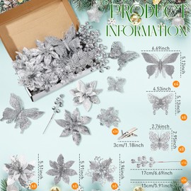 Thiccywoov 122 Pcs Christmas Glitter Poinsettia Artificial Flowers Berry Picks Butterfly Christmas Tree Ornaments 3 Styles Poinsettia kit with Clip for Xmas Wreath Home Tree Decor(Silver)