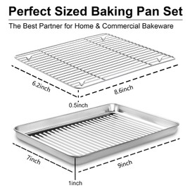 Baking Tray & Rack Set [2 Sheets + 2 Racks], Stainless Steel Non Stick Oven Tray with Rack, Large Cookie Sheet Pan for Baking Cooking, Heavy Duty, Easy Clean, Dishwasher Safe (9 x 7 x 1 inch)