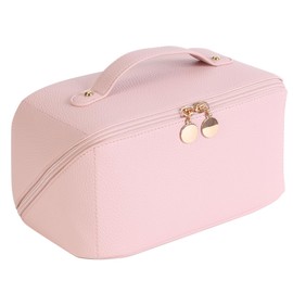 Travel Makeup Bag for Women, Pouch Open Flat Cosmetic Bags, Waterproof Portable Toiletry Bag with Handle and Divider, Gifts for Women(Pink)