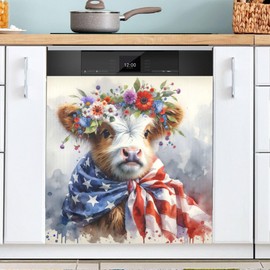 Exnundod Magnet Dishwasher Cover Highland Cow 4th July Dishwasher Magnetic Cover for Front Door USA Flag Refrigerator Magnet Cover Decortive Panel Sticker 23x26 Inch