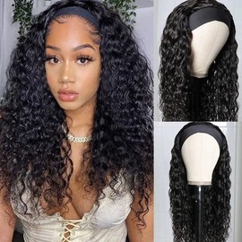 KLAIYI Headband Human Hair Wig Water Wave Curly Non Lace Front Wigs for Black Women Deep Wave Glueless Wear and Go Half Wig 30S Ready to Go Beginner Friendly 180% Density 12A Natural Hairline 14Inch