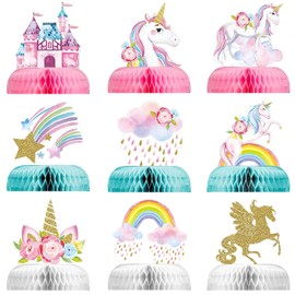 HENGBIRD Pack of 9 Unicorn Honeycomb Unicorn Party Decoration 3D Honeycomb Unicorn Rainbow Honeycomb Centrepieces Paper Centrepiece Table Toppers Decoration for Girls Birthday Theme Party Table