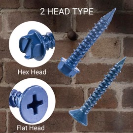 200Pcs Concrete Screw Assortment Kit – 1/4" & 3/16" Masonry Screws with Diamond Point (Flat & Hex Head), Includes Drill Bit – No Pre-Drilling Required for Brick, Block & Cement