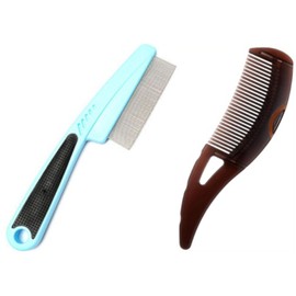 Dandruff Comb, Stainless Steel Fine Tooth Lice/Flea Comb, Psoriasis Comb, Scalp Oil Buildup Removal Wide Hollow Tooth Button Hairbrush for Scalp Massage Care for Man Women and Kids, Set of 2 (Blue)
