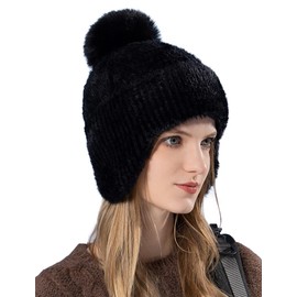 FEOYA Women's Pom Pom Hat Winter Knitted Beanie Knit Fleece Lined Hats for Women Chunky Warm Fuzzy Plush Hat Black Thermal Snow Ski Hat Faux Fur Bobble Hat with Ear Flaps Cover Skull Furry Skiing Hats