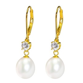 Gold Teardrop Pearl Leverback Earrings - Diamond Accent Drop Earrings for Women