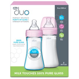 Chicco Duo 9oz. Hybrid Baby Bottle with Invinci-Glass Inside/Plastic Outside 2-Pack with Slow Flow Anti-Colic Nipple - Pink