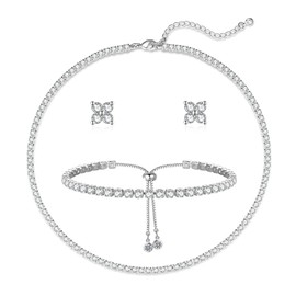 Luxval Tennis Necklace Set for Women Sterling Silver Necklace and Bracelet Earring Sets Diamond Earrings Tennis Bracelets Wedding Jewelry for Bride Silver Jewelry Sets for Women Gift