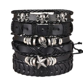 Feeyios 6 Pcs Mens Leather Bracelet Black Braided Rope Bracelet Skull Wrap Cuff Cord Rock Jewelry Adjustable Bracelets (Black)