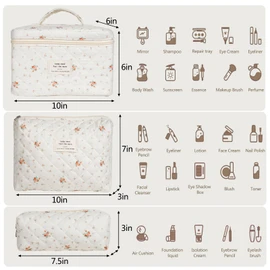 Makeup Bag,3 PCS Cotton Quilted Cosmetic Bag Set,Large Travel Makeup Bag for Women,Cute Toiletry Pouch Tote Purse Organizer