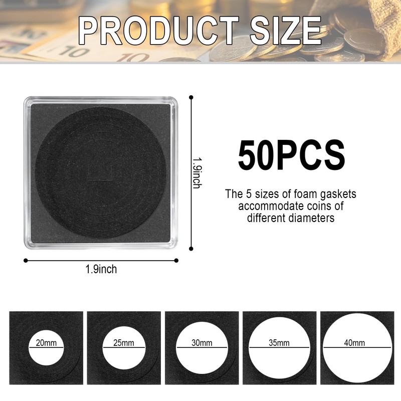 50Pcs Silver Dollar Coin Holders with 5 Sizes Adjustable Gaskets