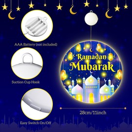 Honoson Eid Window Decoration Light 11 Inch 3D Ramadan Mubarak Light with Suction Cup Portable Islamic Muslim Style Battery Operated for Eid Al Fitr Party Indoor Outdoor Patio Bedroom (Stylish)