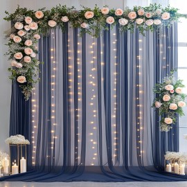 10×10ft Navy Blue Tulle Backdrop Curtain with Lights String for Parties, Sheer Photo Backdrop Curtains for Wedding Party Photography Background