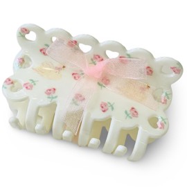 Coquette Floral Patterned Hair Claw Clip with Bows, Pink Floral with Swans, Rectangle Shaped with Scalloped Edges and Heart Shaped Cutouts