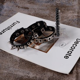 MILAKOO Faux Leather Bracelet for Men Black Crosses Rivets Bracelets Men Punk Rock Bracelet Set, Stone