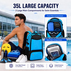 MIKIPLUM 35L Swim Backpack for Swimmers with Shoe Compartment