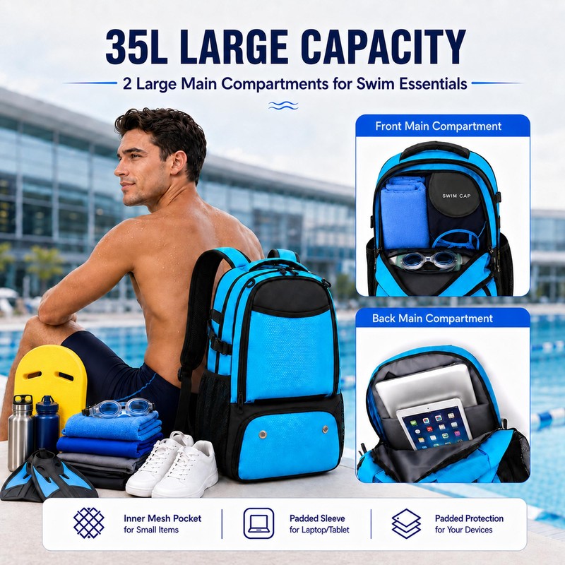 MIKIPLUM 35L Swim Backpack for Swimmers with Shoe Compartment