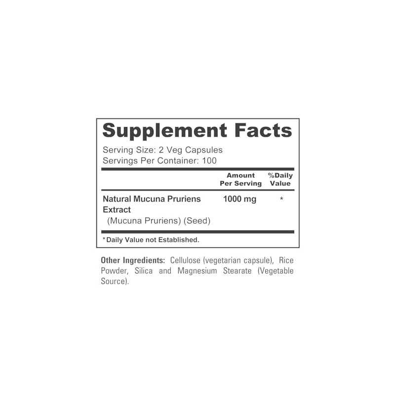 Mucuna Pruriens 1000 mg 200 cápsulas vegetales (sin OMG, 100%
