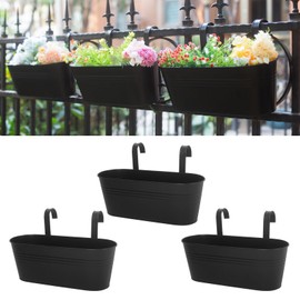 Holensun Balcony Planters 16 Inch Railing Hanging Metal Planters with Hooks for Outdoor Plants Flower Boxes for Fence Patio Deck Planters 3 PCS(Black)