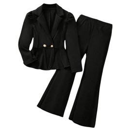 OYOANGLE Girl's 2 Piece Outfits Button Ruffle Hem Puff Long Sleeve Blazer and Flare Long Pants Set Black 11Y