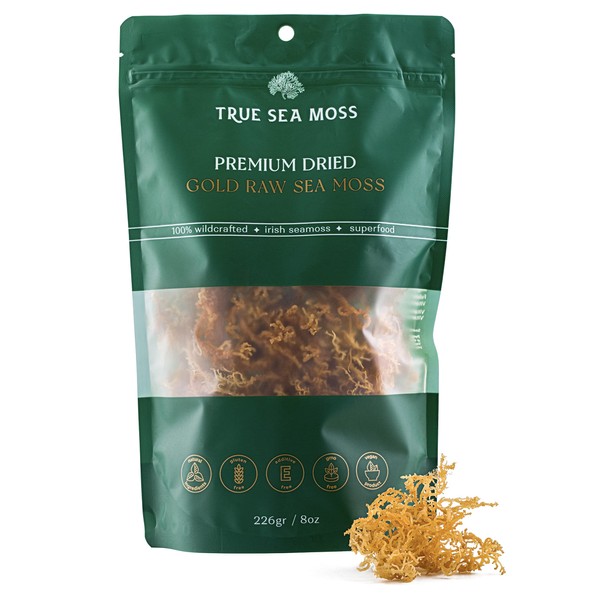 TrueSeaMoss Gold Raw Premium Dry by TrueSeaMoss - Musgo marino orgánico salvaje crudo, musgo marino irlandés 100% orgánico, musgo marino seco, bebida avanzada limpia y seca al aire libre (8 onzas)