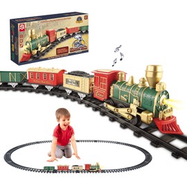 JUQU Train Set-Electric Train Sets for Boys Toddlers Classical Train Toys,Battery-Powered Locomotive Engine with Sound and Lights, 3 Cars &10 Tracks, Christmas Toy Train for Age 3 4 5 6 Years Old Kids